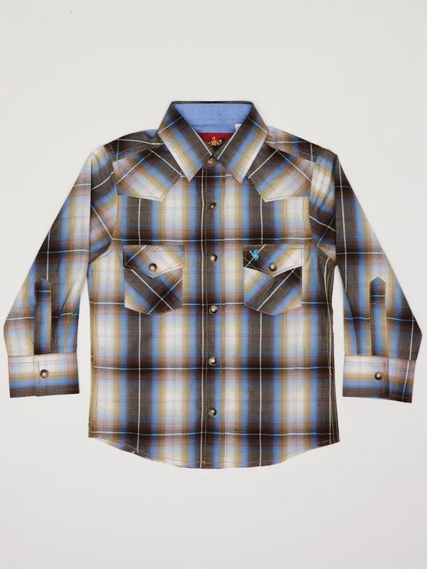 Rodeo Clothing Kid&#39;s Brown Plaid Western Long Sleeve Snap Shirts