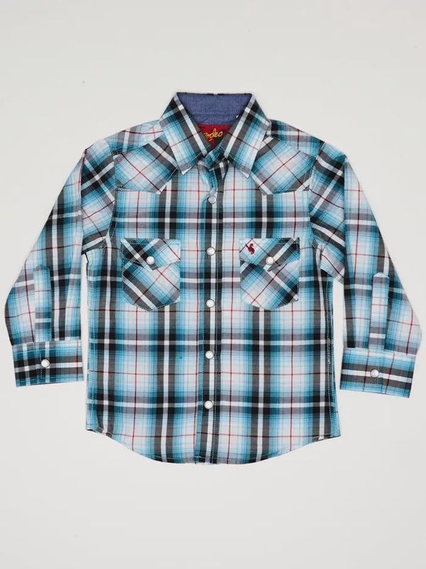 Rodeo Clothing Kid&#39;s Blue Plaid Western Long Sleeve Snap Shirts