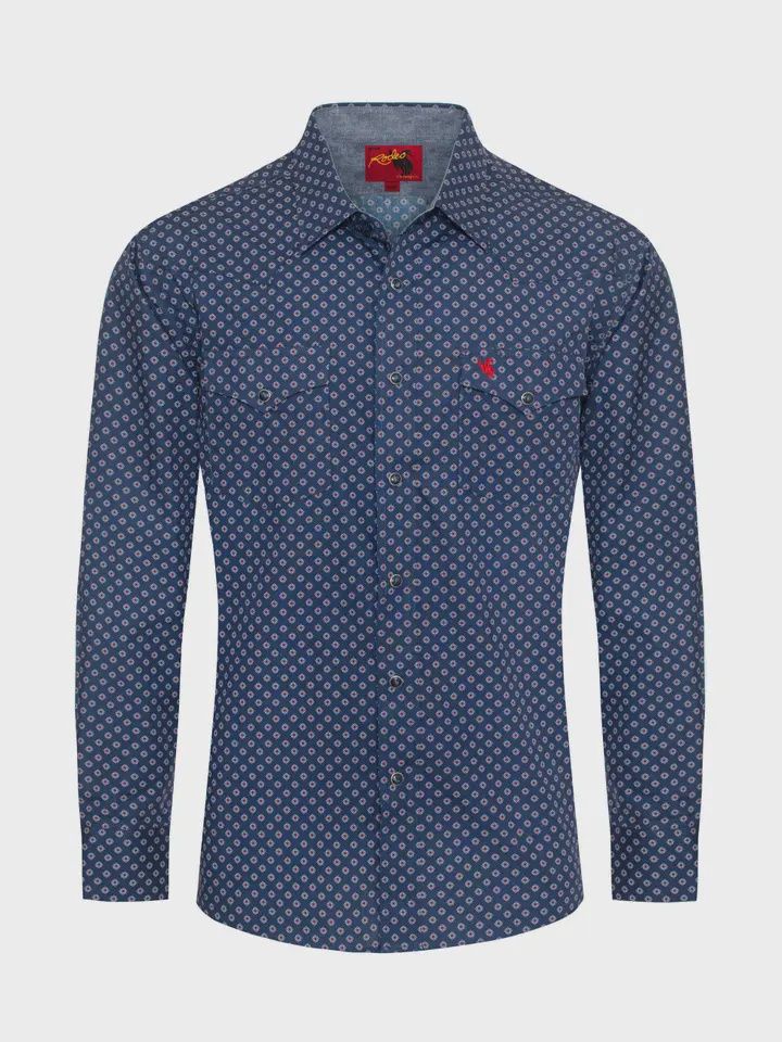 Men&#39;s Western Pearl Snap Dark Blue Print Shirt