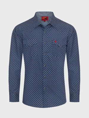 Men's Western Pearl Snap Dark Blue Print Shirt