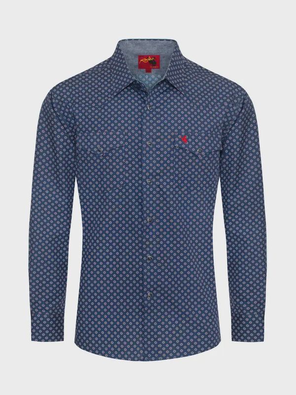 Men&#39;s Western Pearl Snap Dark Blue Print Shirt