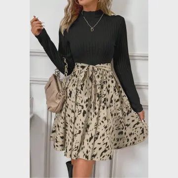 Leopard Patchwork Ribbed Belted Dress