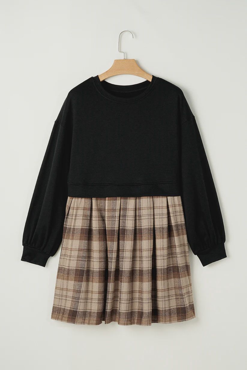 Plaid Patchwork Sweatshirt Mini Dress