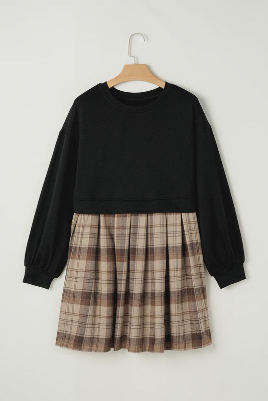 Plaid Patchwork Sweatshirt Mini Dress