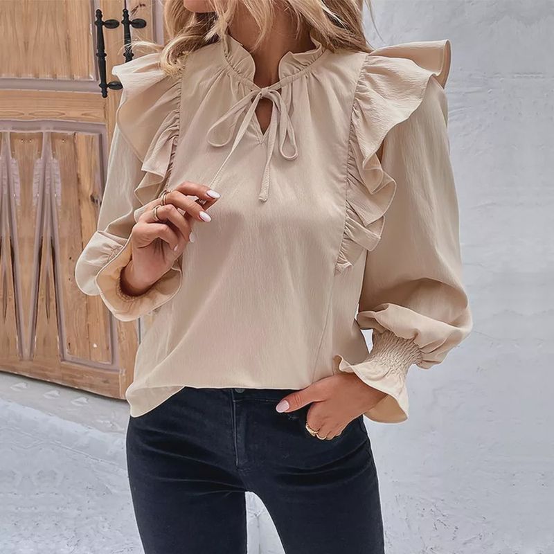 Ruffle Tie-Front Bubble Sleeve Blouse