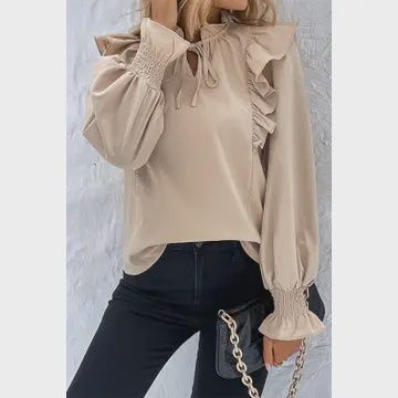 Ruffle Tie-Front Bubble Sleeve Blouse