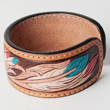 American Darling Women&#39;s Bracelet Hand Tooled Carved Genuine Leather with feathers with turquoise