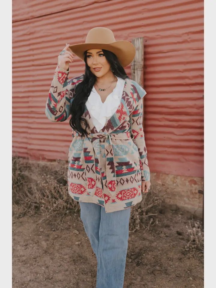 Ladies Long Aztec Western Open Coat with HOOD-L25918