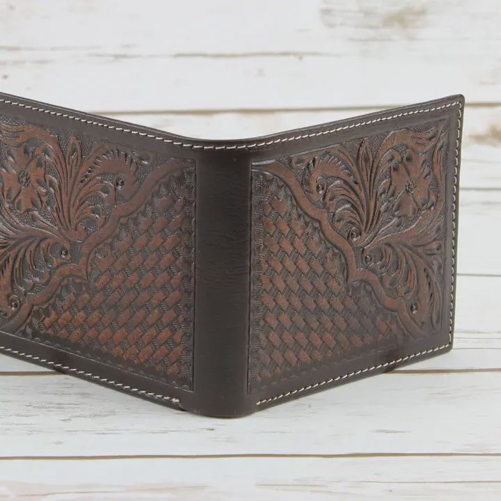 Tooled Leather Men&#39;s Wallet in Brown Ab W02 Brown