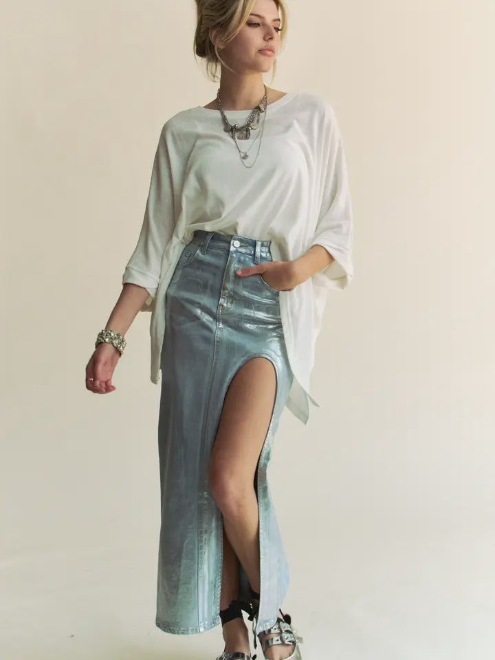 Foiled Denim Zip Front Side Slit Pocket Maxi Skirt, Size: Small