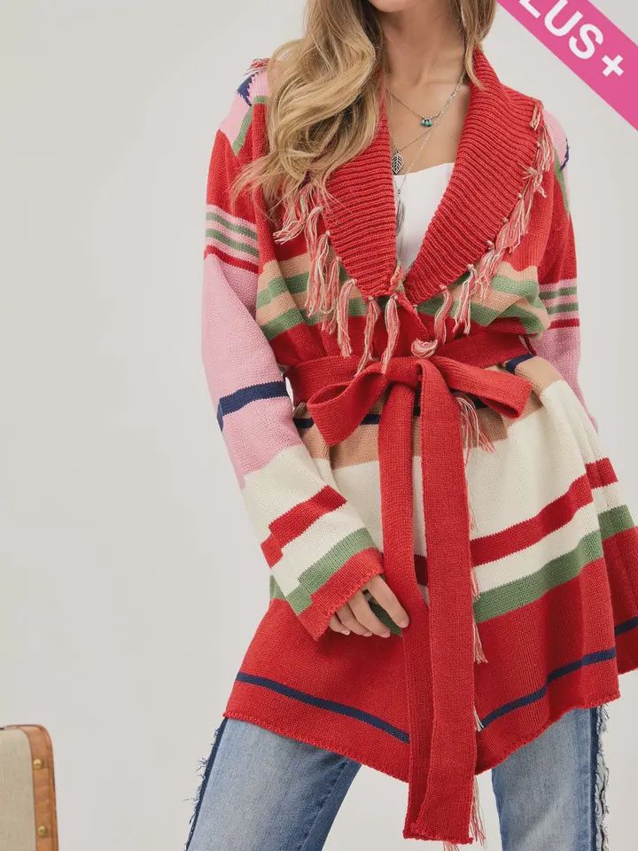 Plus Fringe Trim Waist Tie Belt Striped Cardigan, Size: 1 XL