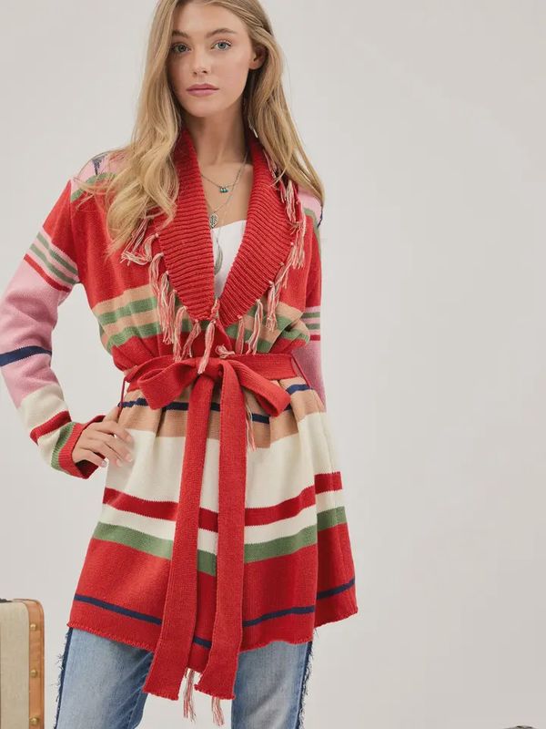 Plus Fringe Trim Waist Tie Belt Striped Cardigan