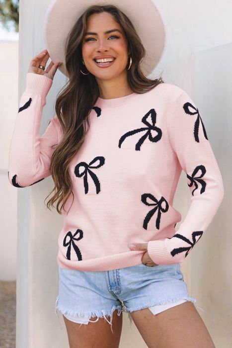 Bow Ribbed Trim Crew Neck Sweater, Colour: Soft Pink, Size: Small