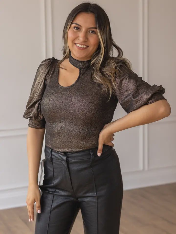 Chic Gold Cutout and Puff Sleeve Bodysuit, Colour: Gold, Size: 2XL