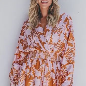 Floral Puff Sleeve Layered Dress, Colour: Burnt Orange, Size: Small