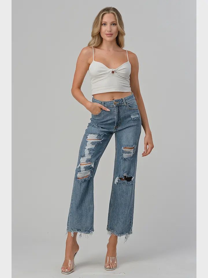 High Waisted Distressed Jeans, Colour: Indigo, Size: 3/4