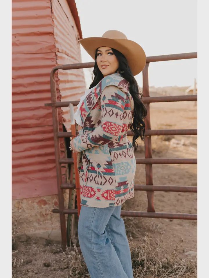 Ladies Long Aztec Western Open Coat with HOOD-L25918, Colour: Multi-Aztec, Size: Small