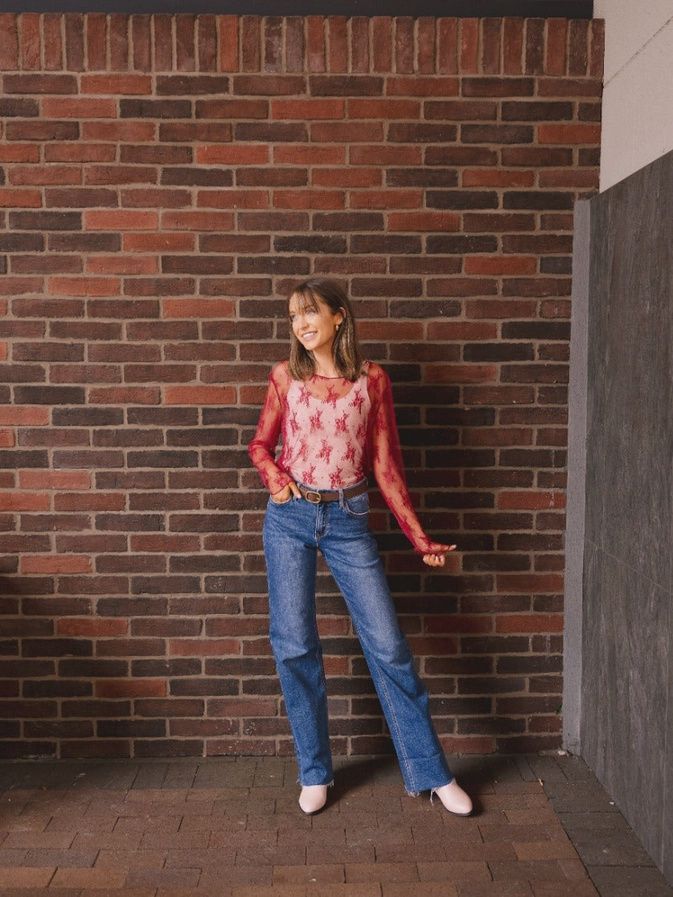 Mesh Long-Sleeve Top, Colour: RED, Size: XL