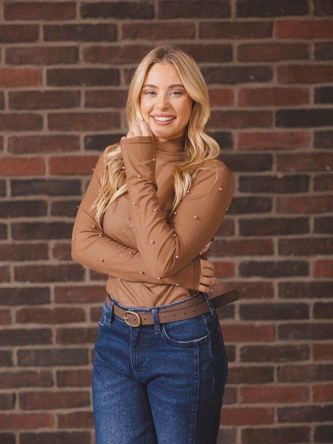 Mock Neck Mesh Top with Pearl Detail, Colour: Brown, Size: 2XL