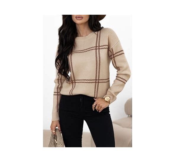 Plaid Drop Shoulder Crew Neck Sweater, Colour: Khaki, Size: Small