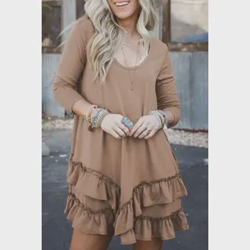 Ruffle Hem Long Sleeve Mini Dress, Colour: Goat, Size: Small