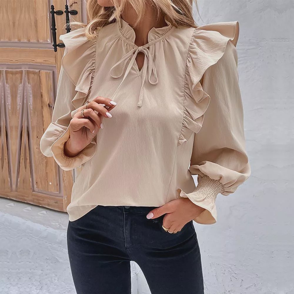 Ruffle Tie-Front Bubble Sleeve Blouse, Colour: Khaki, Size: Small