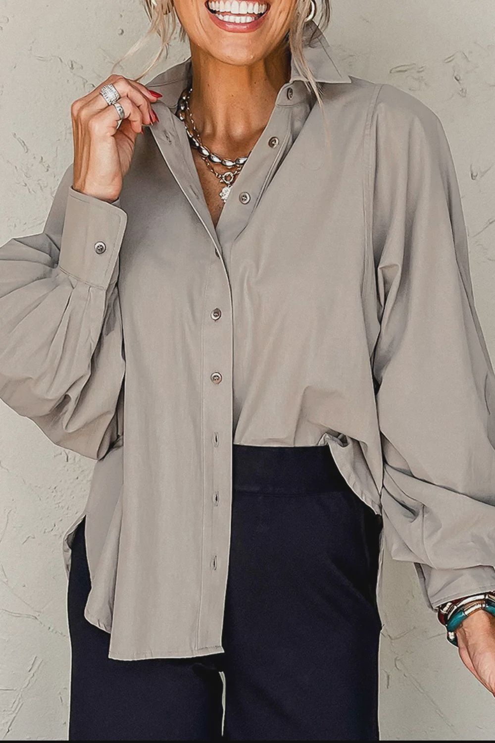 Solid Balloon Sleeve Buttoned Shirt, Colour: Grey, Size: Small