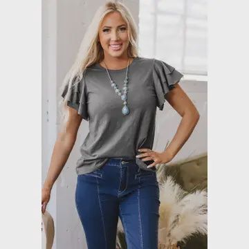 Solid Ruffle Short Sleeve Top, Colour: Dark Grey, Size: 1X