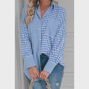 Stripe Plaid Patchwork Long Sleeve Blouse, Colour: Sky Blue Stripe, Size: Small