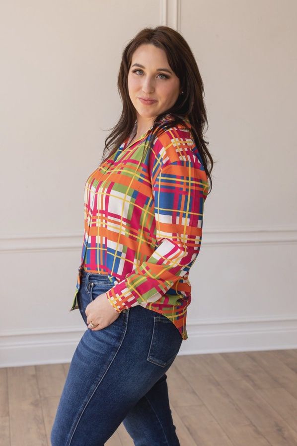 The Cathryn Multicolor Plaid Button Down Top, Colour: Multi Color Plaid, Size: Medium