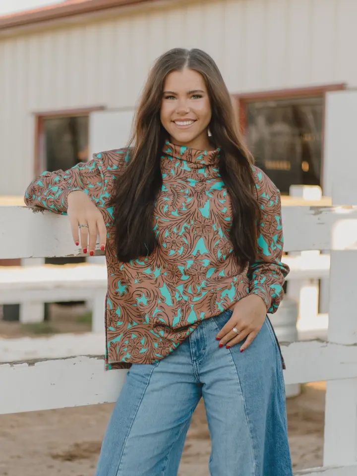 Turquoise Tooled Mock Neck, Size: M