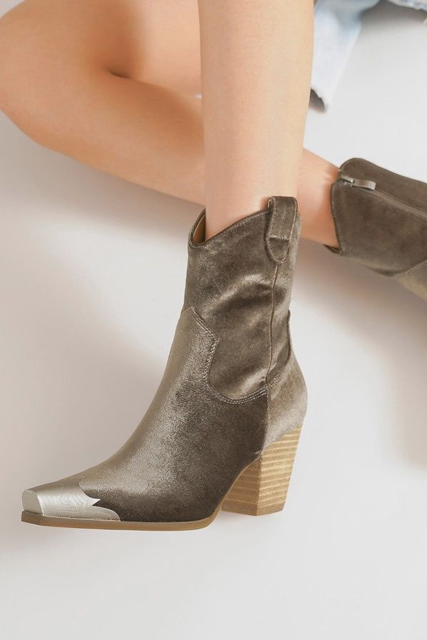 DAKOTA-V Velvet Western Ankle Boots, Colour: Taupe, Size: 6