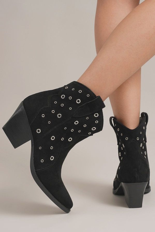 VACA- Studded Western Booties, Colour: Black, Size: 6