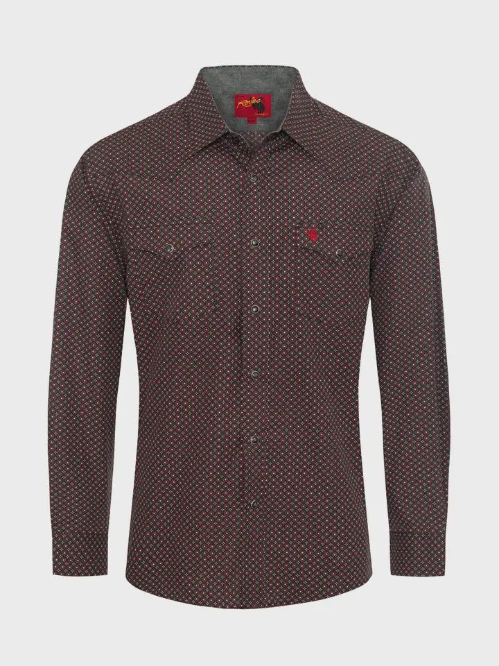 Men's Western Pearl Snap Maroon Print Shirt, Size: M