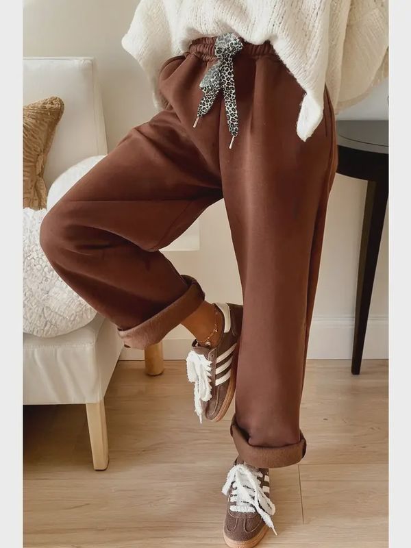 Fleece Lined Leopard Drawstring Elastic Waist Solid Pants