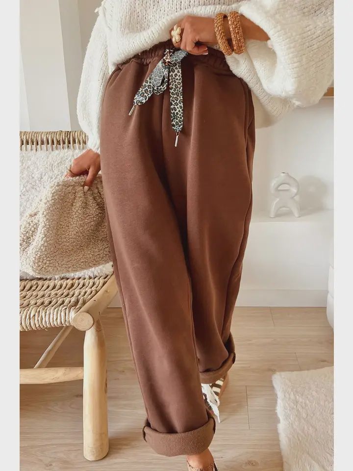 Fleece Lined Leopard Drawstring Elastic Waist Solid Pants, Size: Small