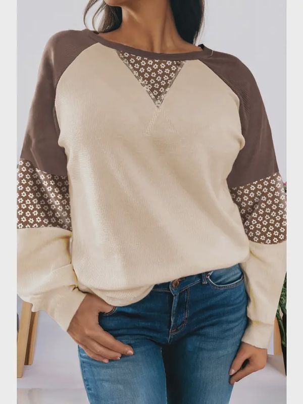 Floral Print Patchwork Color Block Long Sleeve Top