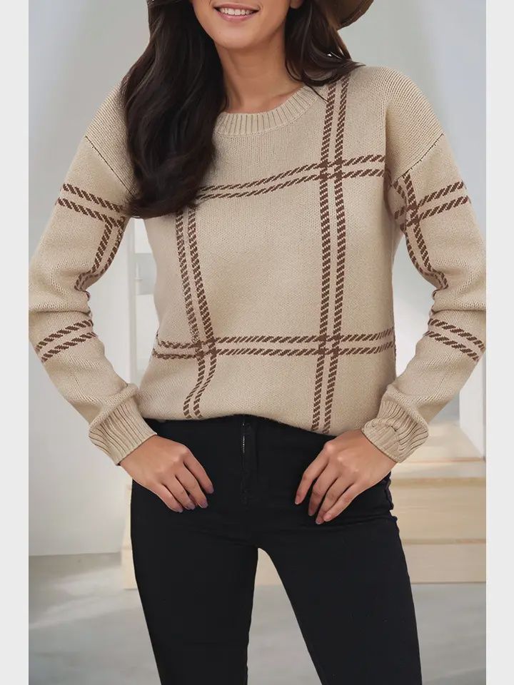 Plaid Pattern Knitted Drop Shoulder Sweater, Size: Small