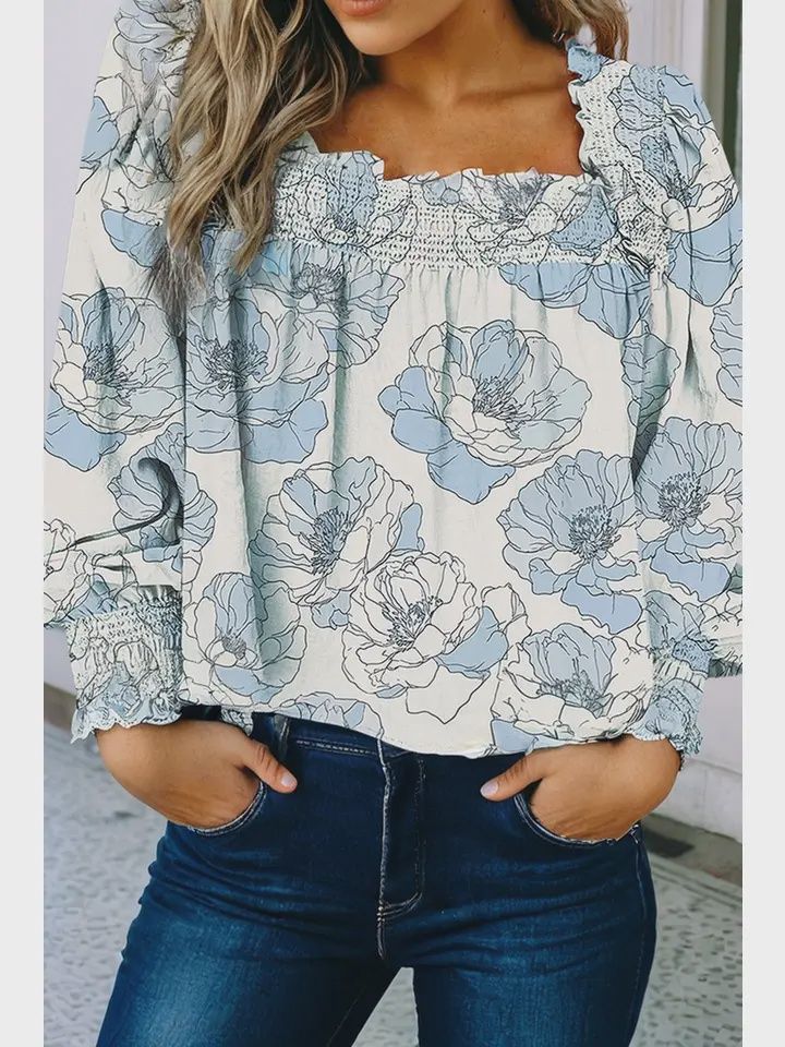 Ldc Floral Print Frilly Smocked Square Neck Blouse, Size: Small