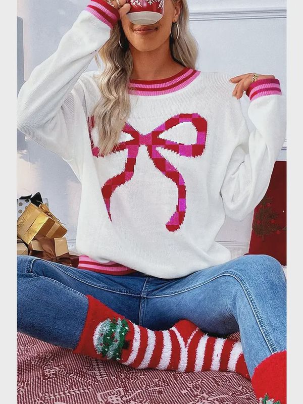 Ldc Round Neck Bow Loose Christmas Long Sleeve Sweater