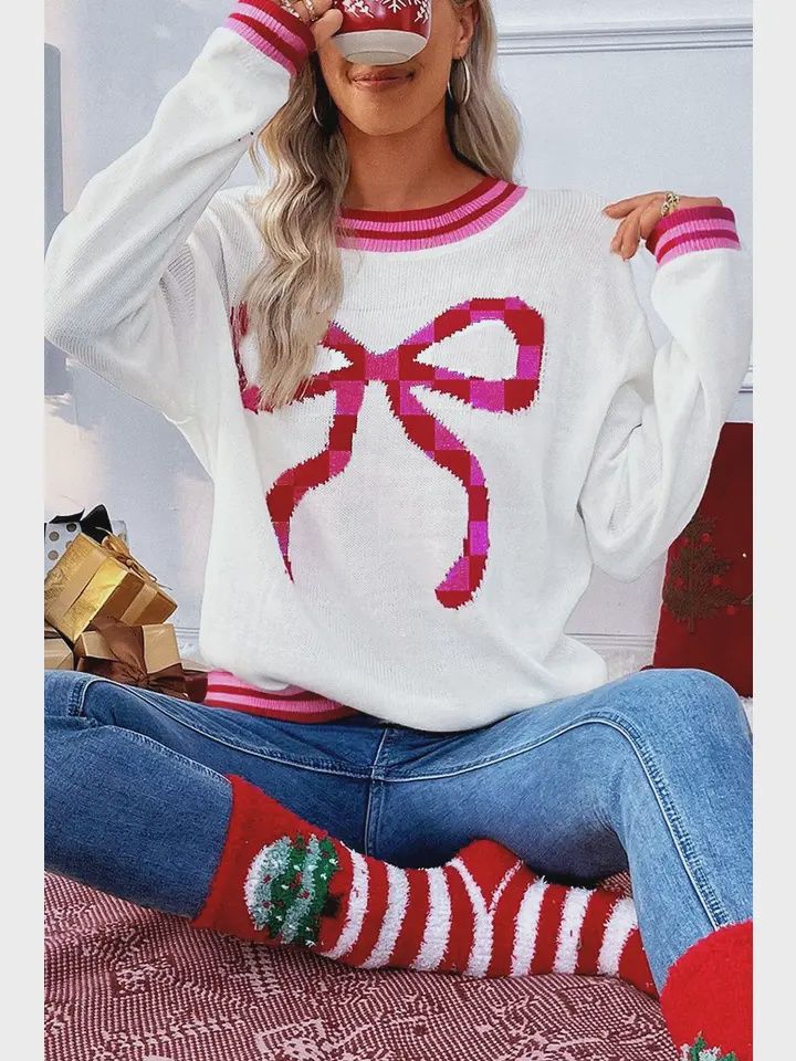 Ldc Round Neck Bow Loose Christmas Long Sleeve Sweater, Size: Small