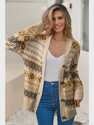 Ldc Western Pattern Knitted Button V Neck Cardigan Sweater