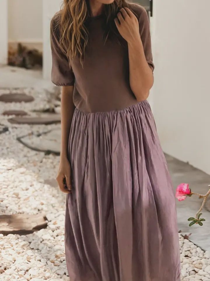 Ldc Short Sleeve Knit Top Patchwork Pleated Long Dress