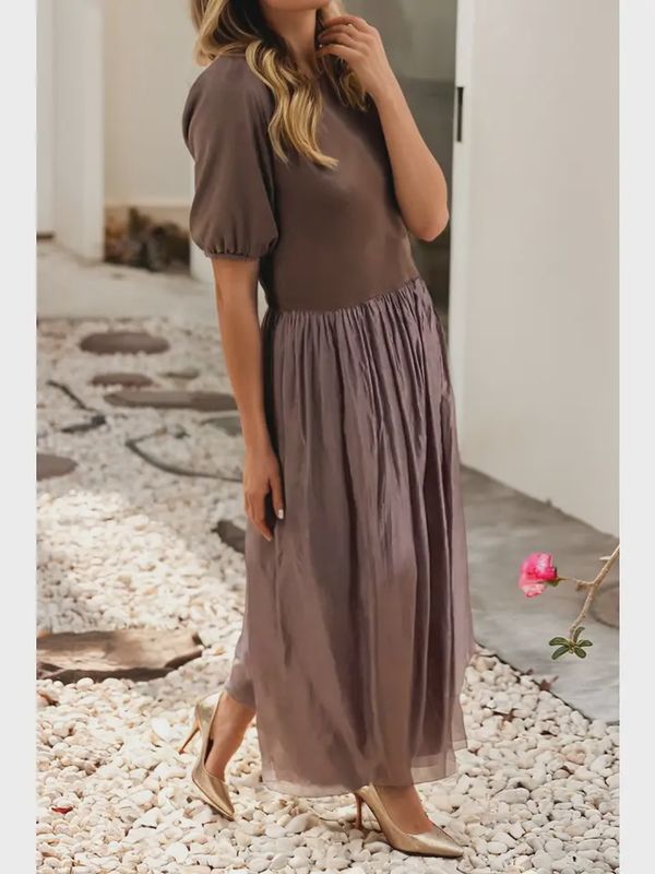 Ldc Short Sleeve Knit Top Patchwork Pleated Long Dress