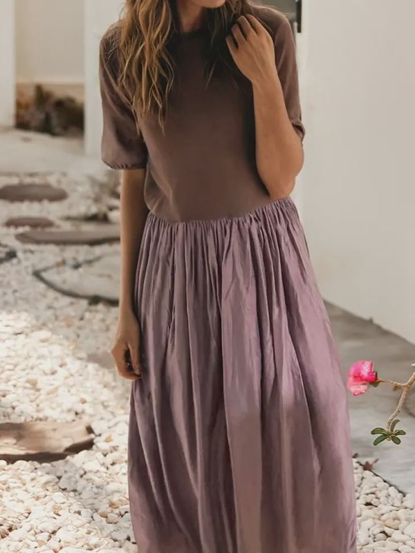 Ldc Short Sleeve Knit Top Patchwork Pleated Long Dress