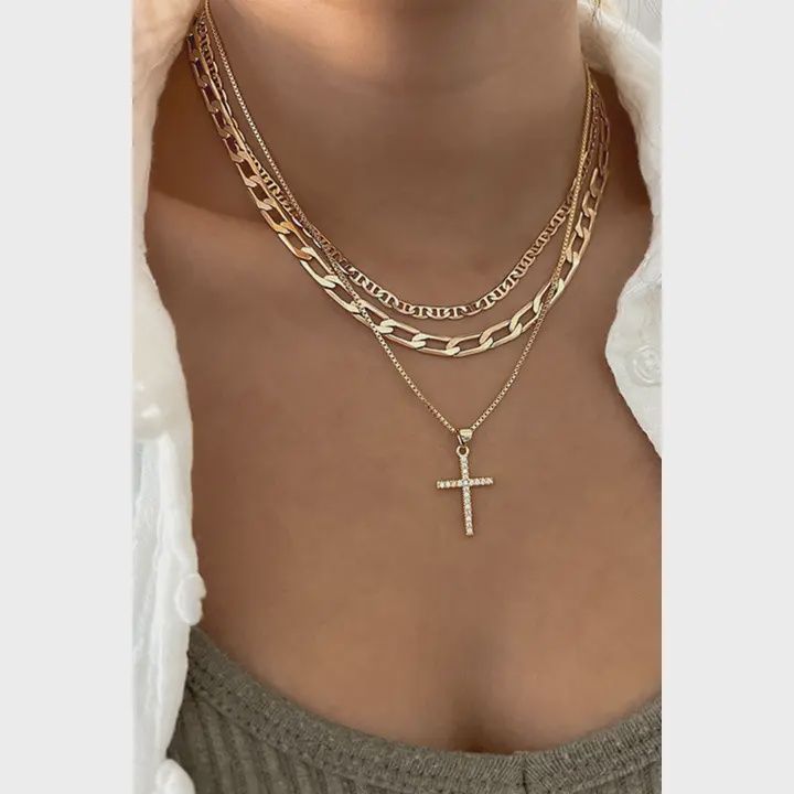Ldc Plated Cross Pendant Multi Layer Stacked Chains Necklace
