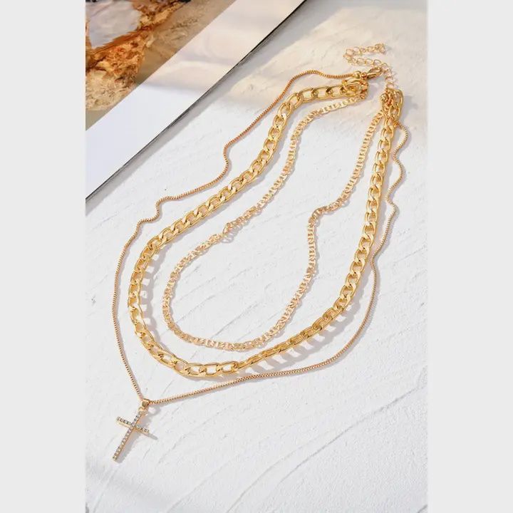 Ldc Plated Cross Pendant Multi Layer Stacked Chains Necklace