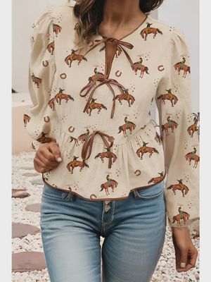Ldc Western Rodeo Print Tied Front Puff Sleeve Peplum Top