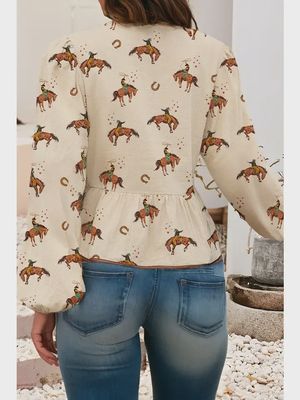 Ldc Western Rodeo Print Tied Front Puff Sleeve Peplum Top