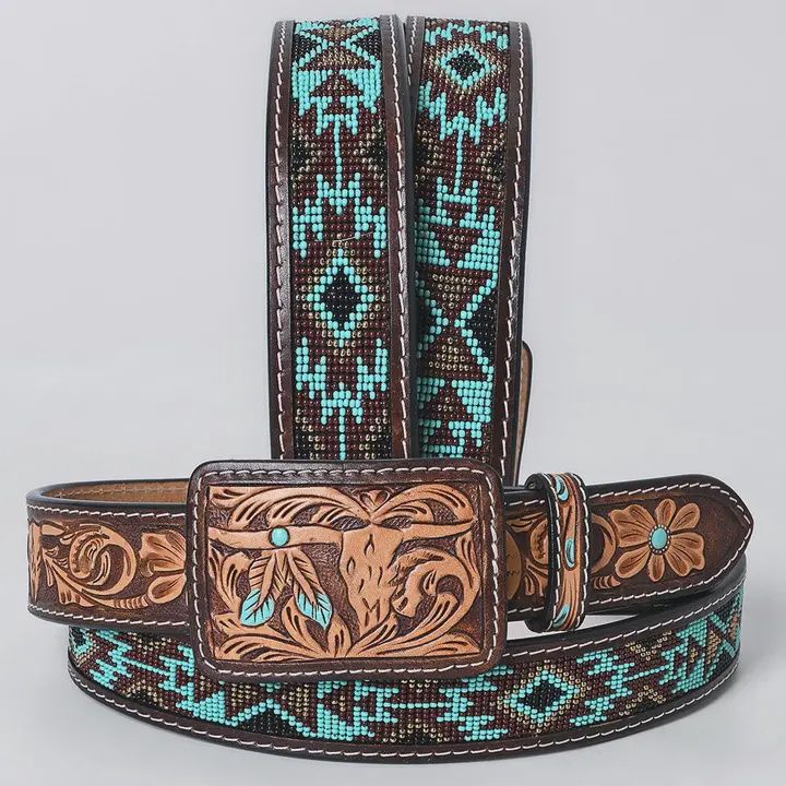 Turquoise Beaded Navajo Western Belt with Tooled Bull Skull Buckle